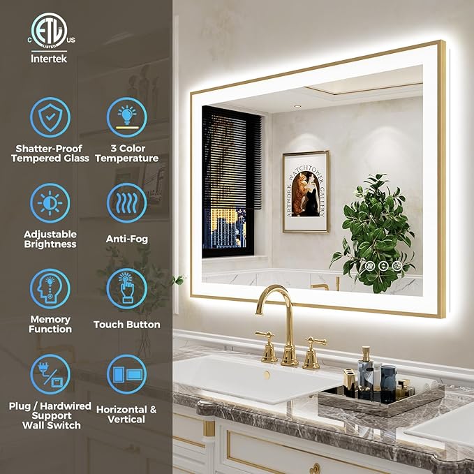 28x32 Inch LED Bathroom Mirror with Lights (Front Lit and Backlit) Gold Framed Lighted Vanity Mirror for Bathroom Wall Dimmable Anti-Fog Memory Tempered Glass Horizontal/Vertical