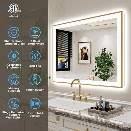 24x30 Inch LED Bathroom Mirror with Lights (Front Lit and Backlit) Gold Framed Lighted Vanity Mirror for Bathroom Wall Dimmable Anti-Fog Memory Tempered Glass Horizontal/Vertical