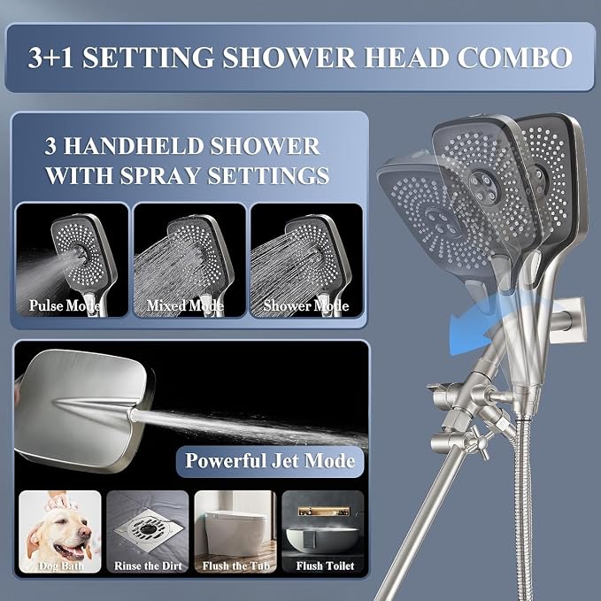Rain Shower Head with Handheld Spray Combo, 12 Inch Rainfall Shower Heads with Adjustable Extention Arm, High Pressure Showerhead with 3-Way Diverter - Height/Angle Adjustable(Brushed Nickel)