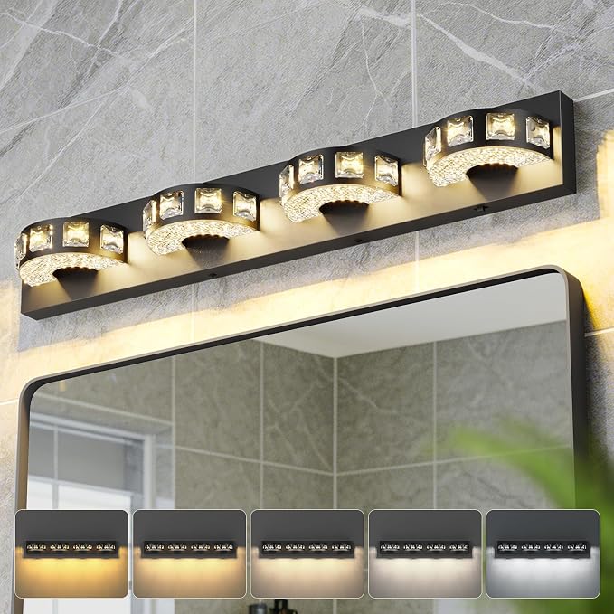 Modern Bathroom Vanity Lights 29.1 inch 32W 5 Color Temperature Black Vanity Light (4-Light,Dimmable) Crystal Bathroom Light Fixtures for Mirror, Living Room, Kitchen, Hallway, Cabinet