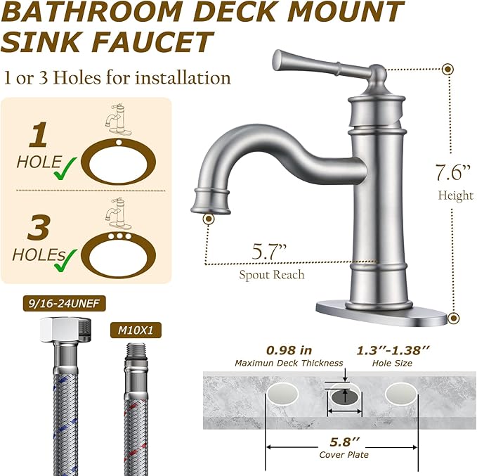 Roman Bathroom Sink Faucet Brushed Nickel Single Hole Deck-Mount Pop-up Drain Assembly with Overflow Deck Plate and Water Supply Lines Included