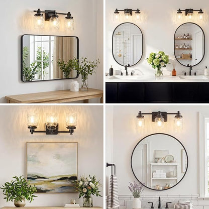 3 Light Bathroom Light Fixtures Farmhouse Black Vanity Lights | ETL Certificate, Easy to Install,Wall Mount Up or Down,Hammered Glass Lampshade,E26 Socket,Hardwired,120V
