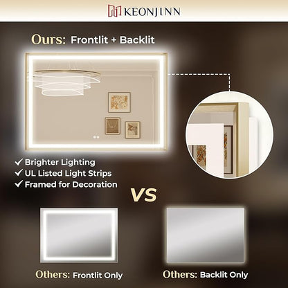 Keonjinn 24x32 Inch Gold LED Bathroom Mirror with Lights, HD Tempered Glass | Frontlit & Backlit, Lighted Bathroom Mirror, Beveled Edge , 3 Color Temperatures, Anti-fog, Stepless Dimmable