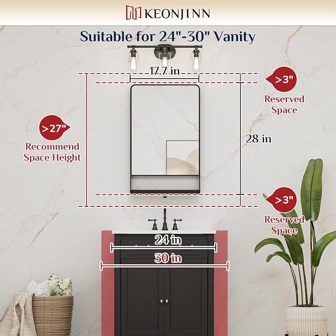 Keonjinn 18 x 28 Inch Black Bathroom Mirror with Shelf, Rust-Resistant | Rounded Corner, Rectangle Metal Bathroom Vanity Mirror with Storage, French Cleat Mount, Entryway, Bedroom, Hallway, Décor