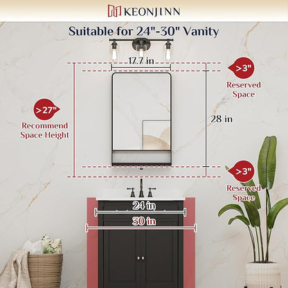 Keonjinn 18 x 28 Inch Black Bathroom Mirror with Shelf, Rust-Resistant | Rounded Corner, Rectangle Metal Bathroom Vanity Mirror with Storage, French Cleat Mount, Entryway, Bedroom, Hallway, Décor