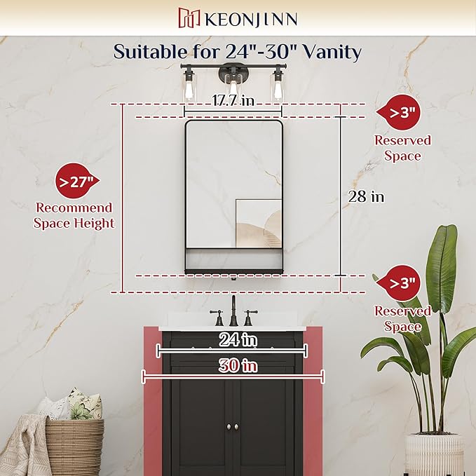 Keonjinn 18" x 28" Gold Bathroom Mirror with Shelf, Rounded Corner | Rust-Resistant, Rectangle Metal Bathroom Vanity Mirror with Storage, French Cleat Mount, Entryway, Bedroom, Hallway, Décor