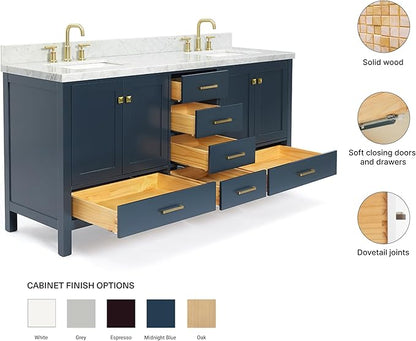 ARIEL Cambridge 72-inch Bathroom Vanity with Sink,Solid Wood, 1.5-inch Italian Carrara Marble Countertop, Double Rectangular Porcelain Sink, 4 Soft Closing Doors, 6 Dovetail Drawers, Midnight Blue