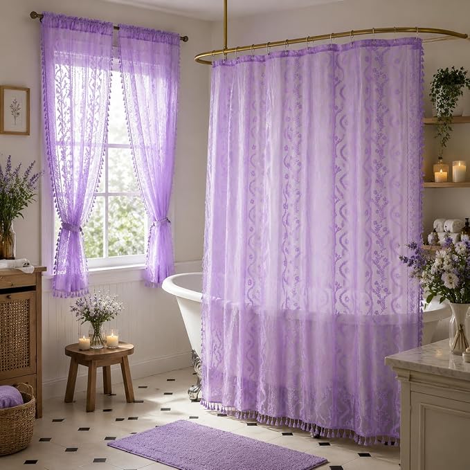 WAZZIO Purple Lace Shower Curtain for Bathroom 72" W x 72" L, Victorian Farmhouse Floral Pattern Tassel Fancy Shower Curtain Boho Washable Cloth Decorative Bath Curtains,1 Panel