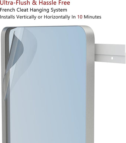 VocalStar 24 x 36 Inch Silver Bathroom Mirror for Wall, Rounded Rectangle Nickel Metal Framed Bathroom Vanity Mirrors, 1/4-inch Shatterproof Glass | Ultra-Flush Hanging