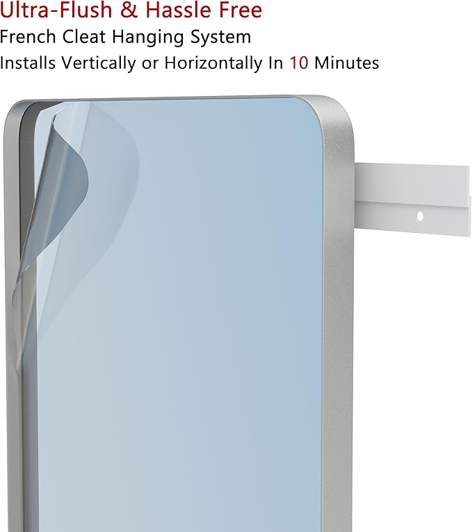 VocalStar Silver Bathroom Mirror for Wall, 24 x 32 Inch Rounded Rectangle Nickel Metal Framed Bathroom Vanity Mirrors, 1/4-inch Shatterproof Glass | Ultra-Flush Hanging