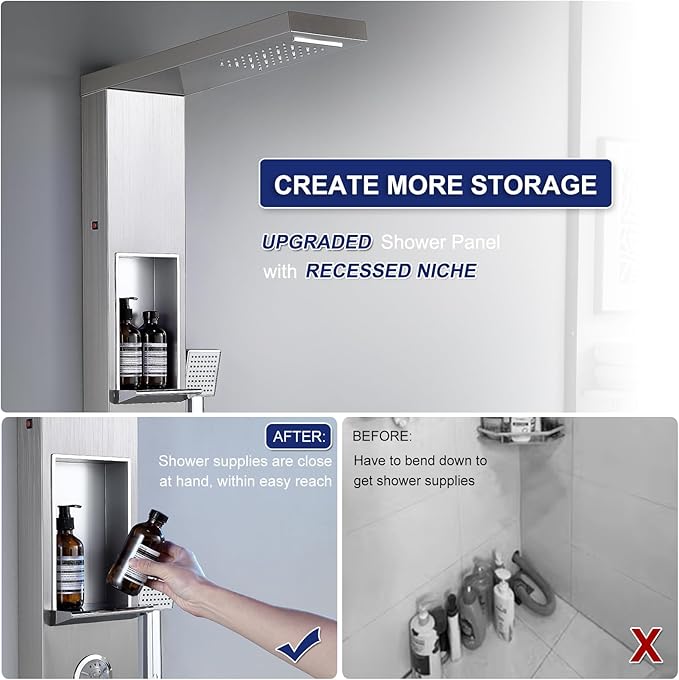 ROVATE LED Rainfall Waterfall Shower Panel Tower System with Shelf, Brushed Shower Column Stainless Steel with Powerful Mist and Massage Body Jets, Handheld, Waterfall Tub Spout