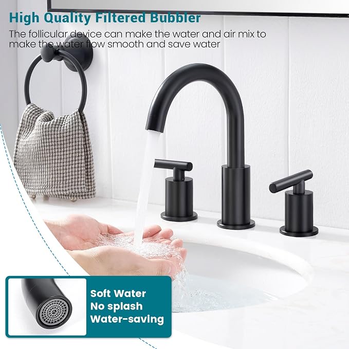 Matte Black Bathroom Faucet 3 Hole, 8 Inch Widespread, 2 Handle Bathroom Sink Faucet, Modern Vanity Faucet for Bathroom Sink with 360° Swivel Spout