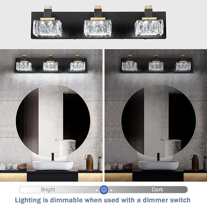 Bathroom Vanity Lights Over Mirror,3-Light Dimmable 5CCT Led Vanity Lights Black Gold Crystal Wall Sconce Lighting 22.05 inches Modern Vanity Light for Bathroom,Bedroom,Living room.(3000K-6000K）