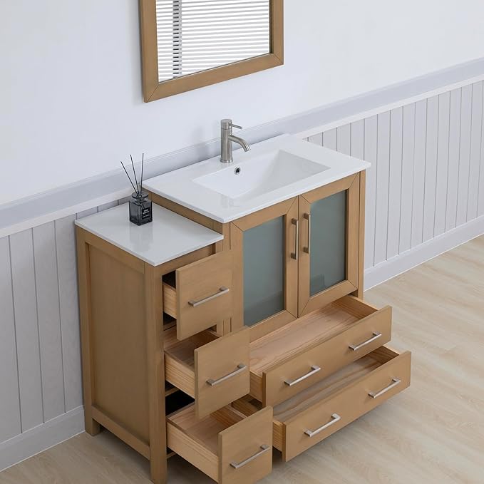 Vanity Art 42 Inch Under Mount Single Sink Bathroom Vanity Cabinet with 1 Mirror, Ceramic Top Bathroom Cabinet Compact Set with 5 Dovetail Storage Drawers, Brushed Nickel Handles, VA3030-42-NO