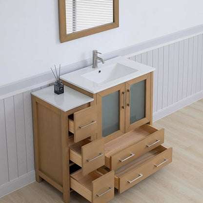 Vanity Art 42 Inch Under Mount Single Sink Bathroom Vanity Cabinet with 1 Mirror, Ceramic Top Bathroom Cabinet Compact Set with 5 Dovetail Storage Drawers, Brushed Nickel Handles, VA3030-42-NO