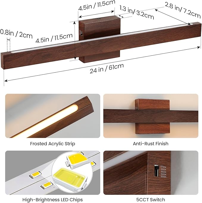 Modern Bathroom Light Fixtures Over Mirror, 24 Inch Brown Wood Finish Vanity Light Bar 20W Dimmable 5CCT LED Vanity Lights for Bathroom Wall Lighting Fixtures Over Mirror