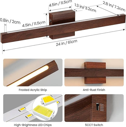Modern Bathroom Light Fixtures Over Mirror, 24 Inch Brown Wood Finish Vanity Light Bar 20W Dimmable 5CCT LED Vanity Lights for Bathroom Wall Lighting Fixtures Over Mirror