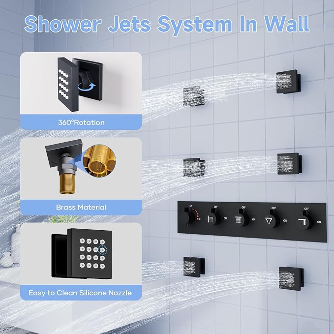 Thermostatic Rain Shower System, Black Multi Shower Head System with Body Jets, 23Inch Ceiling Mounted Full Body Rainfall Waterfall Shower System with Handheld, Tub Spout, LED Light and Music