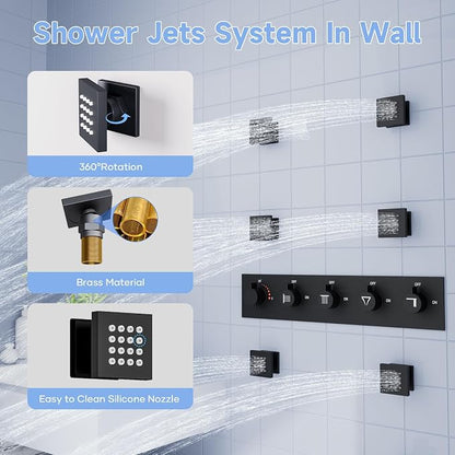 Thermostatic Rain Shower System, Black Multi Shower Head System with Body Jets, 23Inch Ceiling Mounted Full Body Rainfall Waterfall Shower System with Handheld, Tub Spout, LED Light and Music