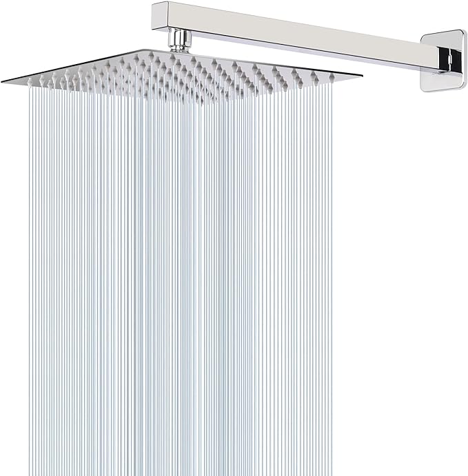 Shower Head with Extension Arm, High Pressure Square with ShowerArm, Stainless Steel Rainfall -Waterfall Full Body Coverage (10'' Shower with 16'' Arm, Chrome)