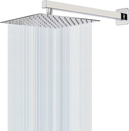 Shower Head with Extension Arm, High Pressure Square with ShowerArm, Stainless Steel Rainfall -Waterfall Full Body Coverage (10'' Shower with 16'' Arm, Chrome)