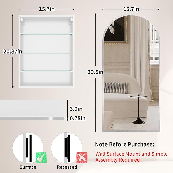 Silver Medicine Cabinet with Mirror,Arched Bathroom Cabinet Left or Right Opening,Wall Mounted Medicine Cabinet,Bathroom Vanity Mirror with Storage,Adjustable Shelves, Not Recessed,16x30 inch