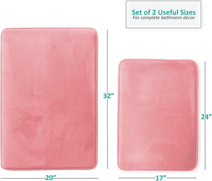 Clara Clark 2 Piece Bathroom Rugs Bath Mat Set, Velvet Memory Foam Bath Mats for Bathroom - Non-Slip, PVC Backing Bath Rugs, Washable - Dries Quickly, Pink