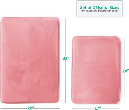 Clara Clark 2 Piece Bathroom Rugs Bath Mat Set, Velvet Memory Foam Bath Mats for Bathroom - Non-Slip, PVC Backing Bath Rugs, Washable - Dries Quickly, Pink
