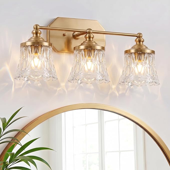 Vintage 3-Light Gold Bathroom Vanity Light, Crystal Glass Shade | Antique Style, Brushed Gold Finish, Rust-resistant Metal, E26 Base, Over Mirror Wall Lighting for Bathroom Restroom