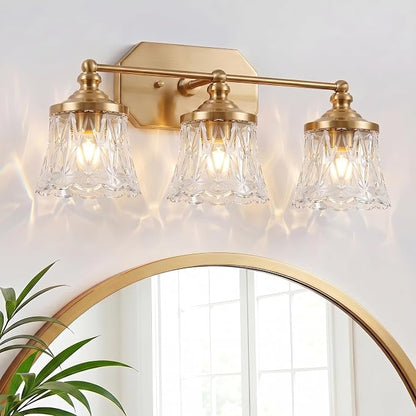 Vintage 3-Light Gold Bathroom Vanity Light, Crystal Glass Shade | Antique Style, Brushed Gold Finish, Rust-resistant Metal, E26 Base, Over Mirror Wall Lighting for Bathroom Restroom