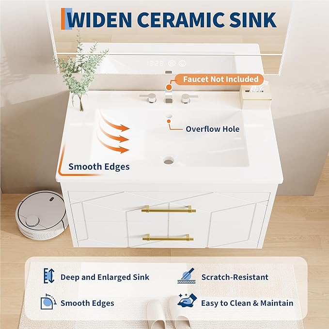 Garvee 24" Bathroom Vanity with Sink, Floating Bathroom Vanity with Ceramic Basin, 2 Large Storage Drawers with Gold Metal Handle, Modern Wall Mounted Bathroom Cabinet with Sink, White