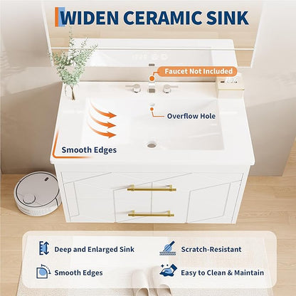 IDEALHOUSE Floating Bathroom Vanity with Sink 24 inch, Modern Bathroom Sink Cabinet, Ceramic Vanity Top, 2 Large Storage Drawers with Gold Metal Handle, Easy to Assembly, White