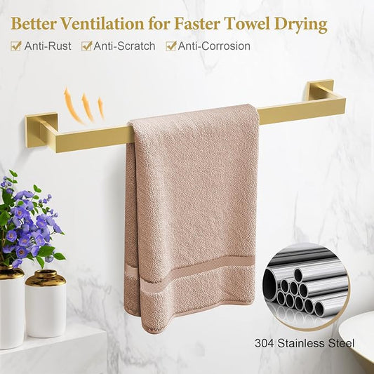 TURS Brushed Gold Bathroom Hardware Set 4-Piece Bath Towel Bar Set 24 Inch Stainless Steel Towel Holder Set for Bathroom Wall Mounted