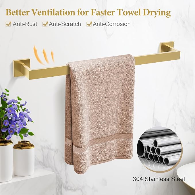 TURS Bathroom Hardware Set Brushed Gold 4-Piece Towel Bar Set Include 24 Inch Towel Bar Towel Ring Towel Hook Toilet Paper Holder with Shelf Wall Mounted.