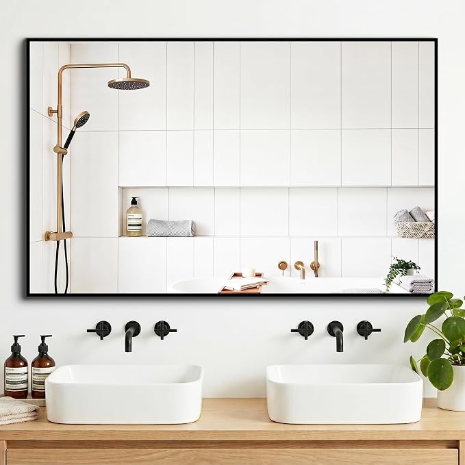 Bathroom Mirror for Wall, 48"x30" Black Vanity Mirror | Sturdy Rectangular Metal Frame, HD Tempered Glass, Hangs Horizontally or Vertically in Bedroom, Living Room, Entryway