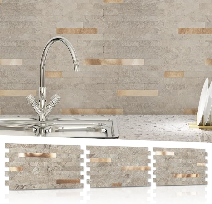 Art3d Faux Stone Peel & Stick Backsplash Tile, 20 pcs, Ecru Slate | PVC, Multi-Style Decor Sheets, Waterproof, Traceless Peel, No Wall Damage, Ideal for Kitchen