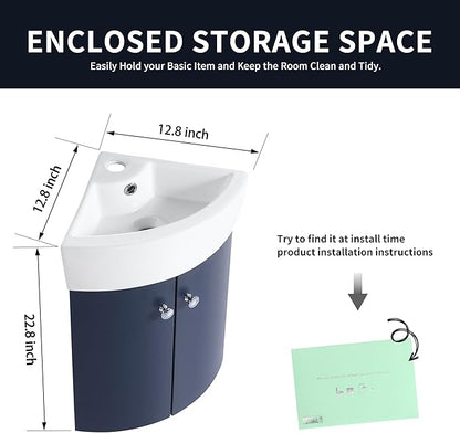 13 Inch Wall Mount Bathroom Vanity, 13'' Floating Bathroom Vanity with Sink, Single Sink Cabinet Combo, Modern Storage Cabinet, with 2 Soft Closing Doors, 05316