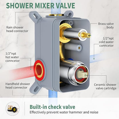 SunCleanse Rainfall Shower Faucet Set with High Pressure in Polished Chrome | Ceiling mounted shower combo set featuring a 12" square rain head, handheld spray, and rough-in mixer valve with trim.