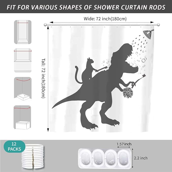 Funny Dino Dinosaur Cat Kids Boy Fun Shower Curtain for Bathroom 72W*72H Inch Trex Raptor Silhouette Bathing Cartoon Animal Shadow Bathtub Decor Teen Cute Waterproof Polyester Fabric Set with 12 Hooks