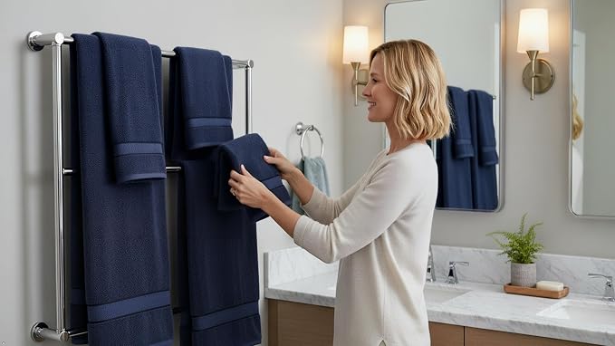 6 Piece 100% Cotton Bath Towel Set - 2 Bath - 2 Hand - 2 Face, Navy Blue | 100% Cotton • Thick & Plush • Hotel Quality • Ultra Soft • Highly Absorbent • Quick Dry • Low Lint • Machine Washable