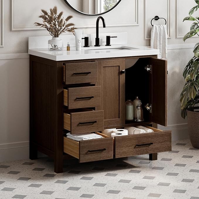 ARIEL Cambridge 36-inch Bathroom Vanity with Sink,Solid Wood, 1.5-inch Pure White Quartz Countertop, Single Rectangular Porcelain Sink, 2 Soft Closing Doors, 5 Dovetail Drawers, Brown Oak