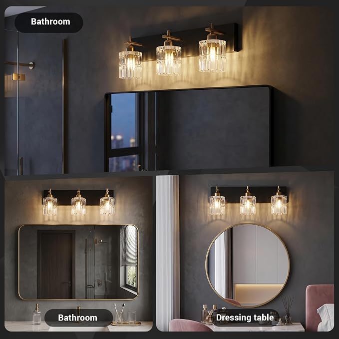 OCIOC Bathroom Vanity Light, 3-Light Black and Gold Vanity Lights over mirror, E26 Wall sconces with glass shape, Farmhouse Lighting fixture for bedroom, living room, hallway