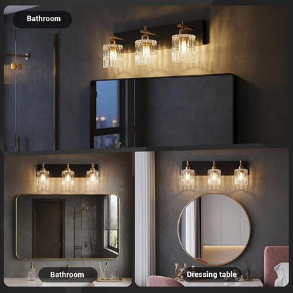 OCIOC Bathroom Vanity Light, 3-Light Black and Gold Vanity Lights over mirror, E26 Wall sconces with glass shape, Farmhouse Lighting fixture for bedroom, living room, hallway