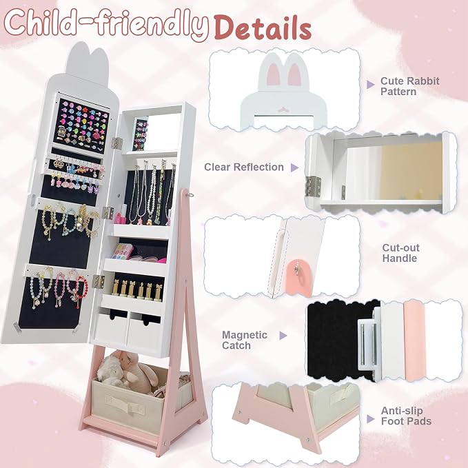 Karl home 45.5" Kids Jewelry Armoire with Mirror, White | Standing Organizer with Removable Drawers, Cute Rabbit-Shaped Dress Up Cabinet for Little Girls
