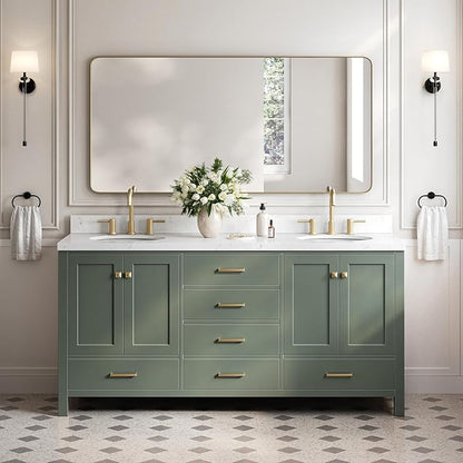 ARIEL Cambridge 72-inch Bathroom Vanity with Sink,Solid Wood, 1.5-inch Carrara White Quartz Countertop, Double Oval Porcelain Sink, 4 Soft Closing Doors, 6 Dovetail Drawers, Vintage Green