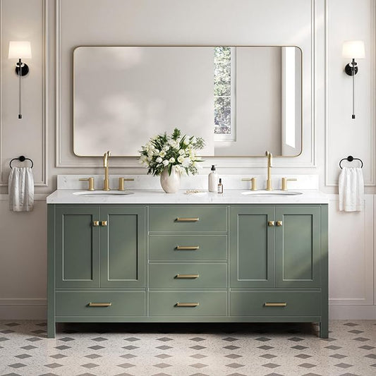 ARIEL Cambridge 72-inch Bathroom Vanity with Sink,Solid Wood, 1.5-inch Carrara White Quartz Countertop, Double Oval Porcelain Sink, 4 Soft Closing Doors, 6 Dovetail Drawers, Vintage Green