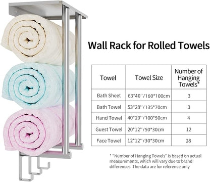 Bethom Towel Racks for Bathroom Wall Mounted with 3 Hooks, Brushed Nickel | Stainless Steel Towel Rack with Shelf, Towel Storage Holder Wall for Large Rolled Towels