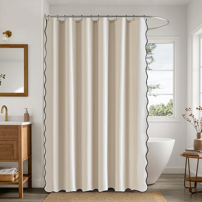 ANRODUO Cream Beige Scalloped Linen Textured Shower Curtain, W72 x L90 | Boho Farmhouse Shower Curtain with 12 Metal Hooks, Machine Washable Waterproof Heavy Duty Fabric for Bathroom Bathtub
