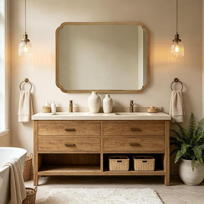 36" x 48" Wood Bathroom Mirror for Wall Mounted, Rustic Rounded Corner Wood Frame Wall Mirror for Entryway, Living Room or Bedroom Home Decorative, Natural