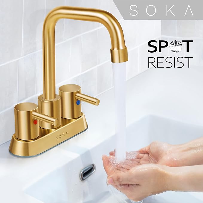 SOKA Centerset Bathroom Faucet 2 Handles 4 Inch Commercial Hand Sink Touch Faucets 3 Hole Bathroom Sink Faucet Gooseneck, Gold